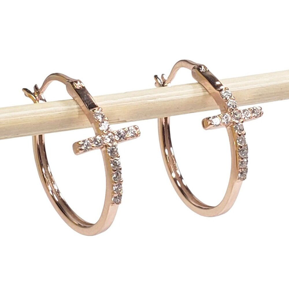 Side Cross Pave Earrings, Rose Gold & Sterling Silver 925, simulated diamonds